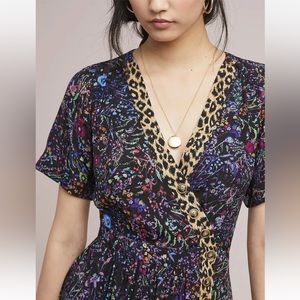 Anthropologie Maeve Morgan Black Floral Short Sleeve V Neck Midi Dress